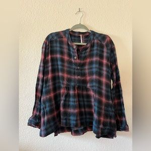 Free People Wool Plaid Button Down Peplum Long-Sleeve Top